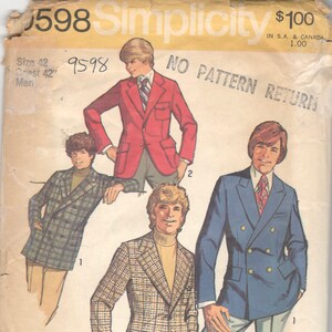 Simplicity 9598 1970s Mens Set Fitted Jackets Pattern Single or Double ...