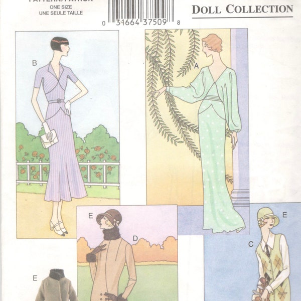 Vogue 7843 1920s and 30s Fashion Doll Clothes Pattern Day Evening Dress Skirt Shirt Coat Cloche Hat for Barbie Sewing Pattern UNCUT