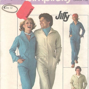May include: A sewing pattern for a jumpsuit, featuring three models wearing different styles of the garment. The pattern number is 7619 and the brand is Simplicity. The pattern is called "Jiffy" and is reduced to £125.
