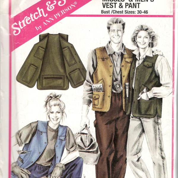 Stretch & Sew 198 F826 International Vest Japanese Garden Pants Pattern Hiking Hunting Travel Mens Women Sewing Pattern Chest 30-46 UNCUT