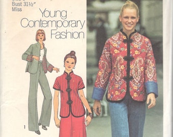 Simplicity 7224 1970s Misses Oriental Jacket Skirt and Pants Pattern Young Contemporary Womens Vintage Sewing Pattern Size 8 UNCUT