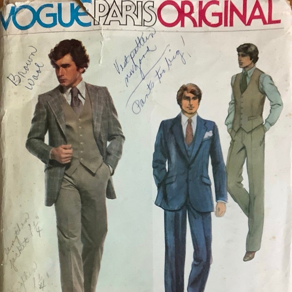 Vogue 2112 1 Givenchy Mens  Lined Jacket Vest and Pants Pattern 3 Piece Suit Adult Vintage Sewing Pattern Chest 40