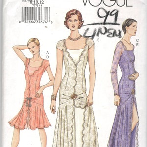 May include: Vogue sewing pattern 7571 for sizes 8, 10, 12 featuring illustrations of three dresses. One is a knee-length peach dress, one is a floor-length white gown with lace overlay, and one is a floor-length purple long-sleeve gown.