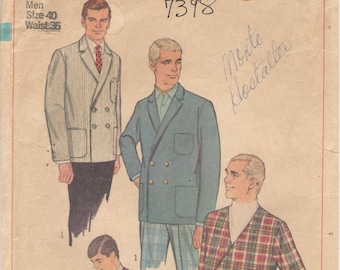Simplicity 7398 1960s Mens Mod Lined Sporty Double Breasted Jackets Pattern Lapels or Collarless Adult Vintage Sewing Pattern Chest 40
