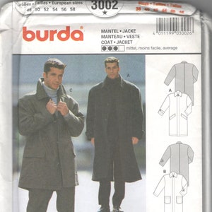 Burda 3002 Warm Overcoat and Jacket Pattern Formal or Casual Adult Mens OuterwearcSewing Chest 38 40 42 44 46 48 UNCUT