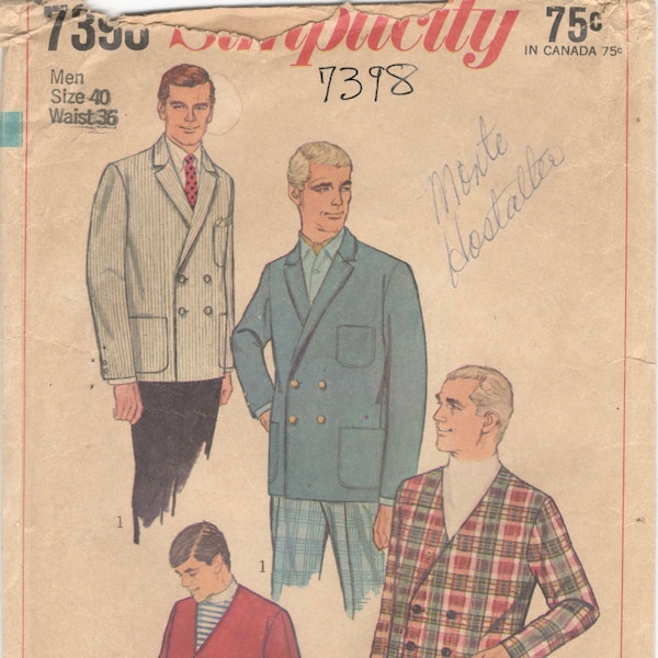 Simplicity 7398 1960s Mens Mod Lined Sporty Double Breasted Jackets Pattern Lapels or Collarless Adult Vintage Sewing Pattern Chest 40