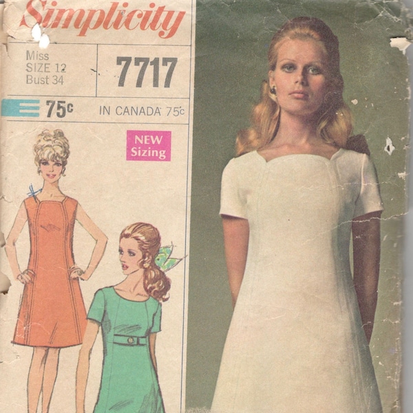 Simplicity 7717 1960s Misses Mod DRESS Pattern Seam Interest Shaped Neck Womens Vintage Sewing Pattern Size 12 Bust 34 Or 10 Bust 32