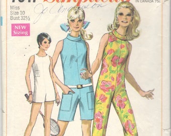 1960s Simplicity 7647 Misses Jumpsuit Romper Pattern 3 Lengths  Cut Away Armholes Jiffy Womens Vintage Sewing Pattern Size 10 Bust 32 Or 16
