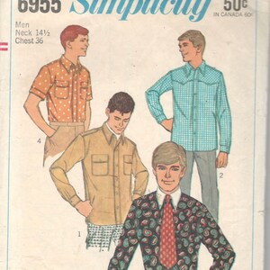 Simplicity 6955 1960s Mens Mod Button Front Shirt Pattern Adult Vintage Sewing Pattern Chest 34 image 3