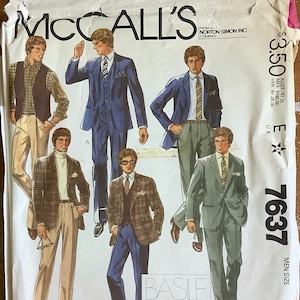 May include: A vintage sewing pattern for men's suits. The pattern includes four different styles of suits, including a plaid suit, a blue suit, and a gray suit. The pattern is from McCall's and is numbered 7637.