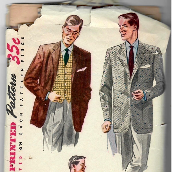 Simplicity 4107 1950s Mens Sport Coat and Vest Pattern Adult Vintage Sewing Pattern Chest 38