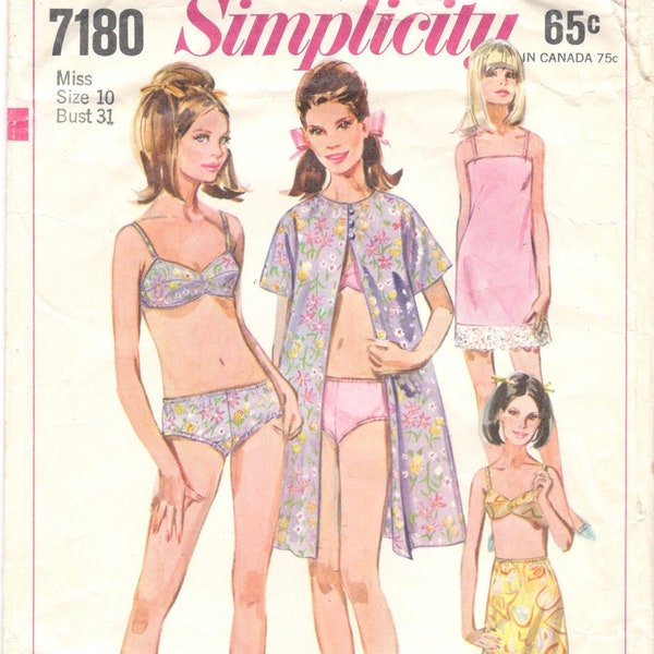 Simplicity 7180 1960s Misses LINGERIE  Mini Sllp Half Slip Bra Panties Robe Pattern Womens Vintage Sewing Pattern  Size 10  Bust 31