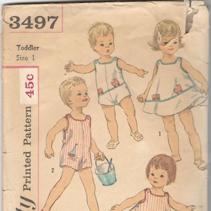 Simplicity 3497 1960 Easy Toddlers Panties Dress and Sunsuit Pattern Boys and Girls Vintage Sewing Pattern Size 1 Or 1/2