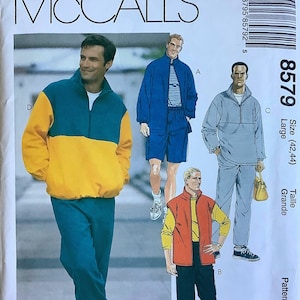McCalls 8579 Mens Pullover Top Zip Front Jacket Vest Pull On Pants and Shorts Pattern Adult Sewing Pattern Size Large Chest 42 44 UNCUT