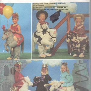 May include: Simplicity Costumes pattern featuring children's costume designs. The image shows various costumes, including a cowboy, a cowgirl, a knight, and a unicorn. The costumes are designed to look like the children are riding horses.