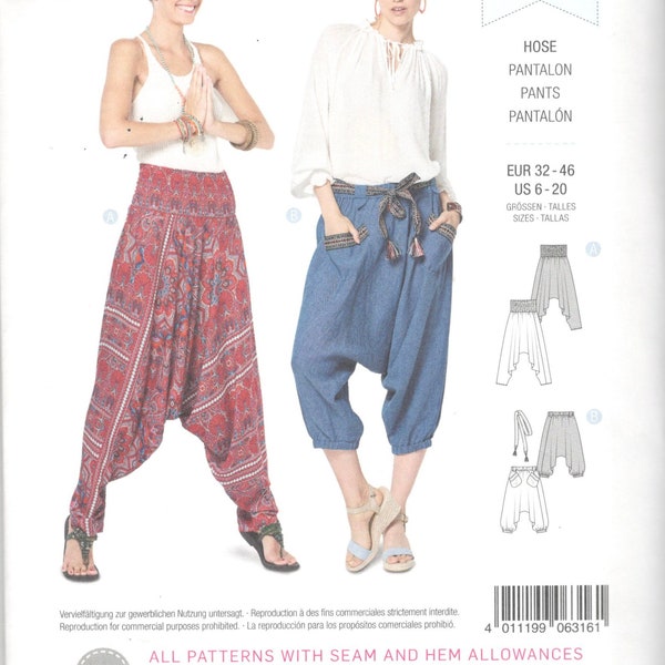 Burda 6316 Loose Fitting Drop Crotch Pants Pattern Harem Style Sarouel Womens Easy Sewing Pattern Size 6 8 10 12 14 16 18 20  UNCUT
