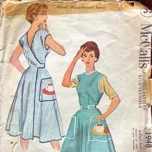 McCalls 1948 1950s Misses Wrap Around Apron Pattern Coffee Cup Donut Transfer  Womens Vintage Sewing Pattern Size Medium Bust  34 36