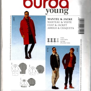 May include: Burda Young sewing pattern for a coat and jacket. The pattern includes sizes 44 to 54 and 34 to 44. The pattern includes seam and hem allowances. The text on the pattern reads "All patterns with seam and hem allowances. Avec surplus de couture et d'ourlet. Con margenenes para costura y dobladillos."