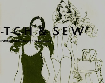 May include: A black and white illustration of two women wearing swimsuits. The text "ETCH & SEW" is printed in bold letters at the top of the image. The text "S PATTERN DESIGNED EXCLUSIVELY FOR KNIT FABRICS" is printed below the title.
