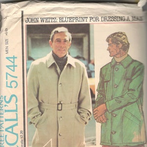 McCalls 5744 1970s Mens Coat Pattern Overcoat Jacket Pattern John Weitz Adult Vintage Sewing Chest 48 Or 38