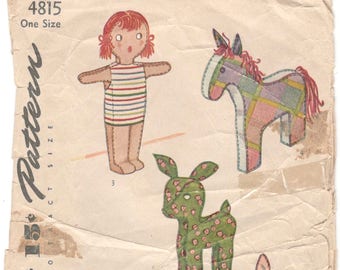 Simplicity 4815 1940s  Stuffed Toys Pattern Pony Deer Dog Bunny and Doll Vintage Toys Sewing Pattern