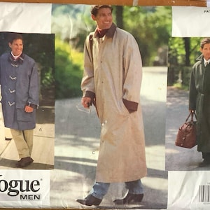May include: Vogue Men's pattern featuring three different coat designs. The coats are shown in blue, tan, and green. The pattern includes sizes XS-S-M. The Vogue logo is visible in the lower left corner.