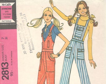 McCalls 2813 1970s Junior Bib Overall Pattern V or Square Neck  Womens Vintage Sewing Pattern Size 7 Bust 31
