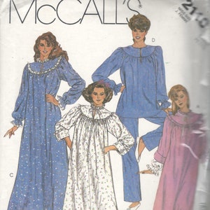 May include: McCall's sewing pattern featuring illustrations of women's sleepwear. The designs include a long blue nightgown with white floral accents, a white nightgown with small floral patterns, a blue pajama set, and a pink nightgown.