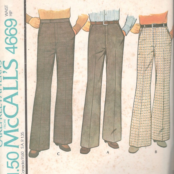 McCalls 4669 1970s Mens Proportioned Pants Pattern Denim Double Knit High Waist Flared Leg Adult Vintage Sewing Pattern Waist 34 Or 36 UNCUT