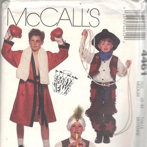 May include: A sewing pattern for children's costumes. The pattern includes three different costumes: a boxer, a cowboy, and a prince. The pattern is from McCall's and the pattern number is 4461.