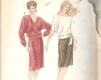 Kwik Sew 1352 1980s Misses Belted Dolman Sleeve Top V or Boat Neck and Straight Skirt Womens Vintage Sewing Pattern Size 14 16 18 20 UNCUT