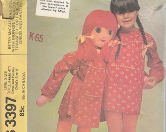 1970s McCalls 3397 Childs Betsy McCall Doll Dress and Panties Pattern Lifesize Iron Face Transfer Vintage Soft Toy Rag Doll Sewing Pattern