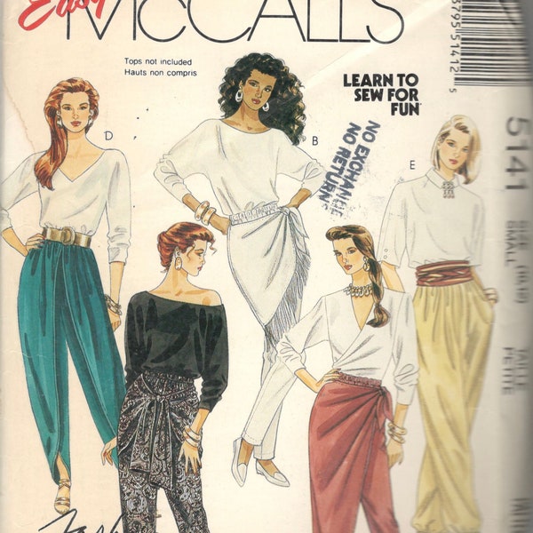 McCalls 5141 Misses Learn to Sew Fun Pull On Novelty Pants Pattern Several Styles Draped Harem Womens Sewing Pattern Size SM Or Med UNCUT