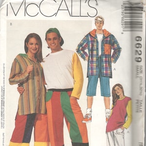 McCalls 6629 Misses Mens Loose Fitting Hooded Jacket Cropped Pants Shorts T Shirt Pattern Unisex Vintage Sewing Pattern Size Small UNCUT