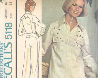 McCalls 5118 1970s Misses Saddle Seat Curved Seam Jeans Pants and Shirt Pattern Embroidery Womens Vintage Sewing Pattern Size 12 B 34 UNCUT