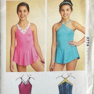 Kwik Sew 3774 Girls Leotards Pattern Attached Skirt V Neck Halter Criss Cross Straps Childs Dance Gymnastics Sewing Size 7 8 10 12  14 UNCUT