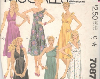 McCalls 7087 1980s Misses Evening Dress Pattern One Shoulder or Shoulder Tie Womens Vintage Sewing Pattern Size 12 Bust 34 UNCUT