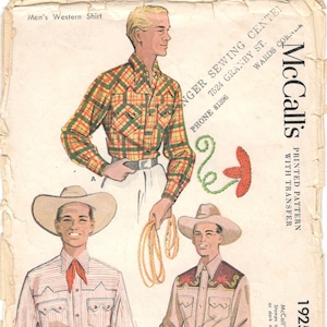 McCalls 1925 1950s Mens WESTERN SHiRT and Transfer Pattern Contrast Notched Yoke Vintage Sewing Pattern Size Medium 38 40 OR Large