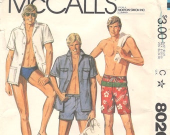 McCalls 8026 1980s Mens Bathing Suit Speedo and Beach Shirt Pattern Adult Vintage Sewing Pattern CHEST 42 Or 40 Or 36 UNCUT