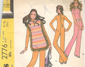 1970s McCalls 2776 Jr Zip Front JUMPSUIT for Knits and Sandwich Board Poncho Pattern Womens Vintage Sewing Pattern  Size 9 10 Bust 30 UNCUT