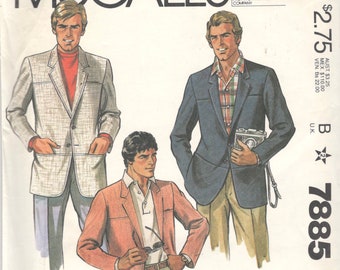 McCalls 7885 1980s MENS Single Breasted JACKET Pattern Shaped Hemline Notched Collar Adult Vintage Sewing Pattern Chest 40 UNCUT