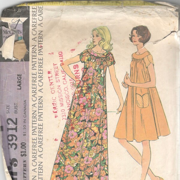 McCalls 3912 1970s Misses Muu Muu Dress Pattern Tulip Sleeves Womens Vintage Sewing Pattern Size Medium Or Petite Or Small Or Large