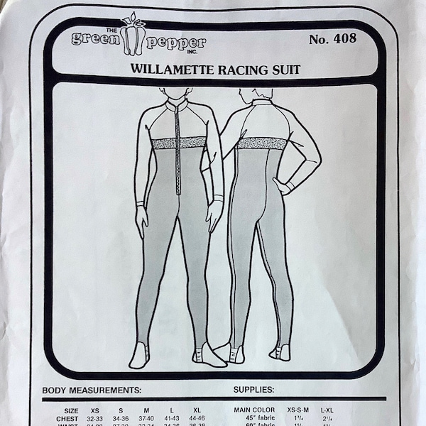 Green Pepper 408 or F761 1980s Willamette Adult Racing Suit Pattern Vintage Sewing Pattern Size XS S M L XL  Chest 32 - 46 Uncut