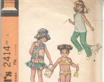 McCalls 2414 1970s Girls Bikini Pants Top Hat and Beach Dress Pattern Childs Toddlers Vintage Sewing Pattern Size 4