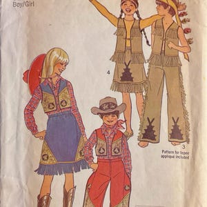 May include: A Simplicity 7161 sewing pattern envelope for size 4 children's clothing. The illustration features four outfits: two with fringe-trimmed vests and skirts or pants, and two with plaid shirts, vests, and pants or skirts. Text includes 7161 Simplicity.