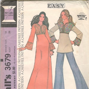 McCalls 3679 1970s Misses Lost Horizon High Waist Pullover Caftan and Top Pattern Easy Womens Vintage Sewing Size 14 Bust 36
