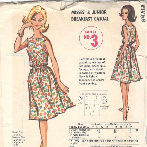 McCalls 3 1960s Misses Sleeveless Dress Pattern Quaker Oats Breakfast Casual Blouson Womens Vintage Sewing Pattern Size SM Bust 31-32 UNCUT