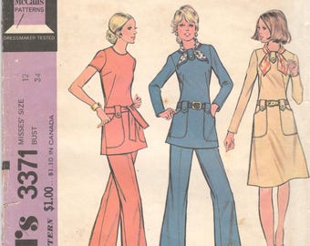 1970s McCalls 3371 Easy Dress Tunic Pants Pattern for Knits  Womens Vintage Sewing Pattern Size 12 Bust 34 UNCUT