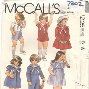 McCalls 7802 1980s Childs Sailor Style Dress and Playsuit Pattern Boys Girls Toddlers Vintage Sewing Pattern Size 5 Breast Chest 24