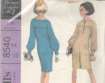 McCalls 8540 1960s Misses Sheath Dress Pattern Kimono Sleeves Bateau Neck Donald Brooks Womens Vintage Sewing Pattern Size 14 Bust 34